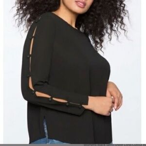 Eloquii - Blouse W/Button Cutout Sleeves in Black Chiffon Semi-sheer Sz 20